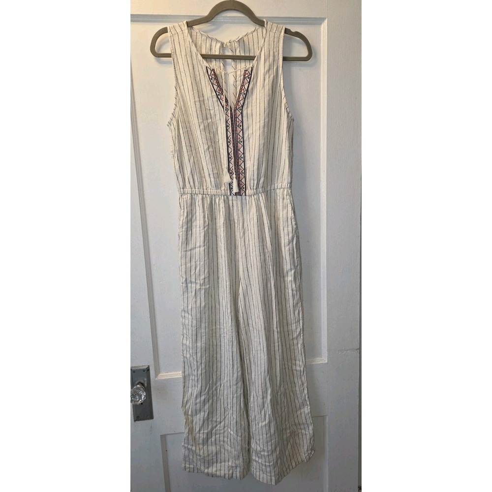 Old Navy  Linen Tank Pants Romper Embroidery Jumpsuit White Pin Stripes Hobo. S